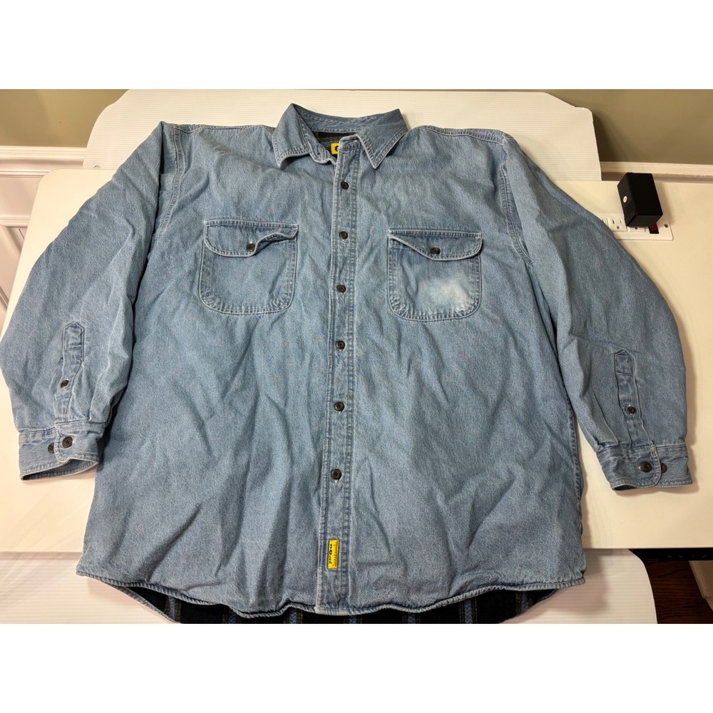 Stanley Mens XL Denim Shirt Jacket Fleece Lined Plaid Light Wash Workwear